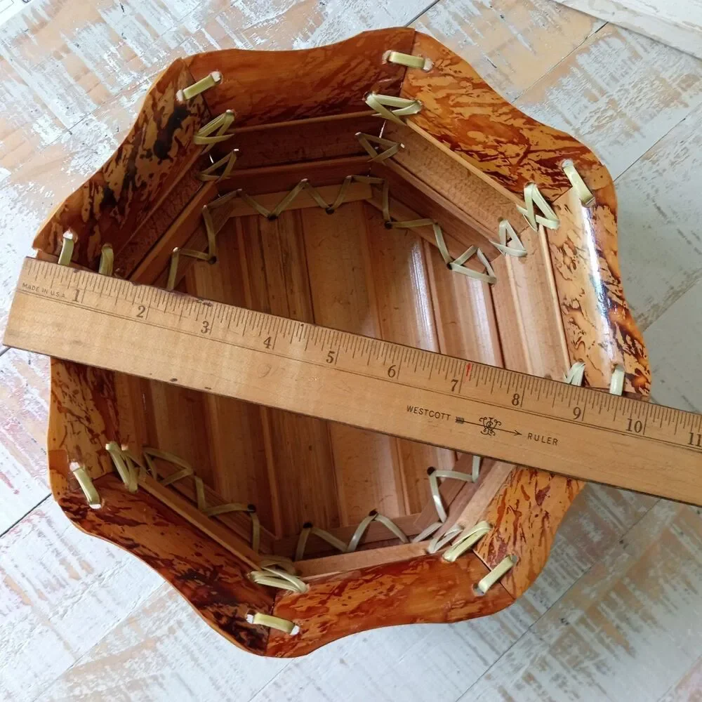 MCM Vintage Tortoise Bamboo Bowl Basket Octagon Burnt Woven Boho Centerpiece 50s
